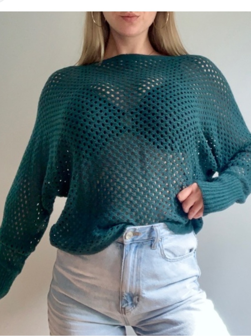 Express sweater dark green open-weave long dolman sleeve bateau neck Medium